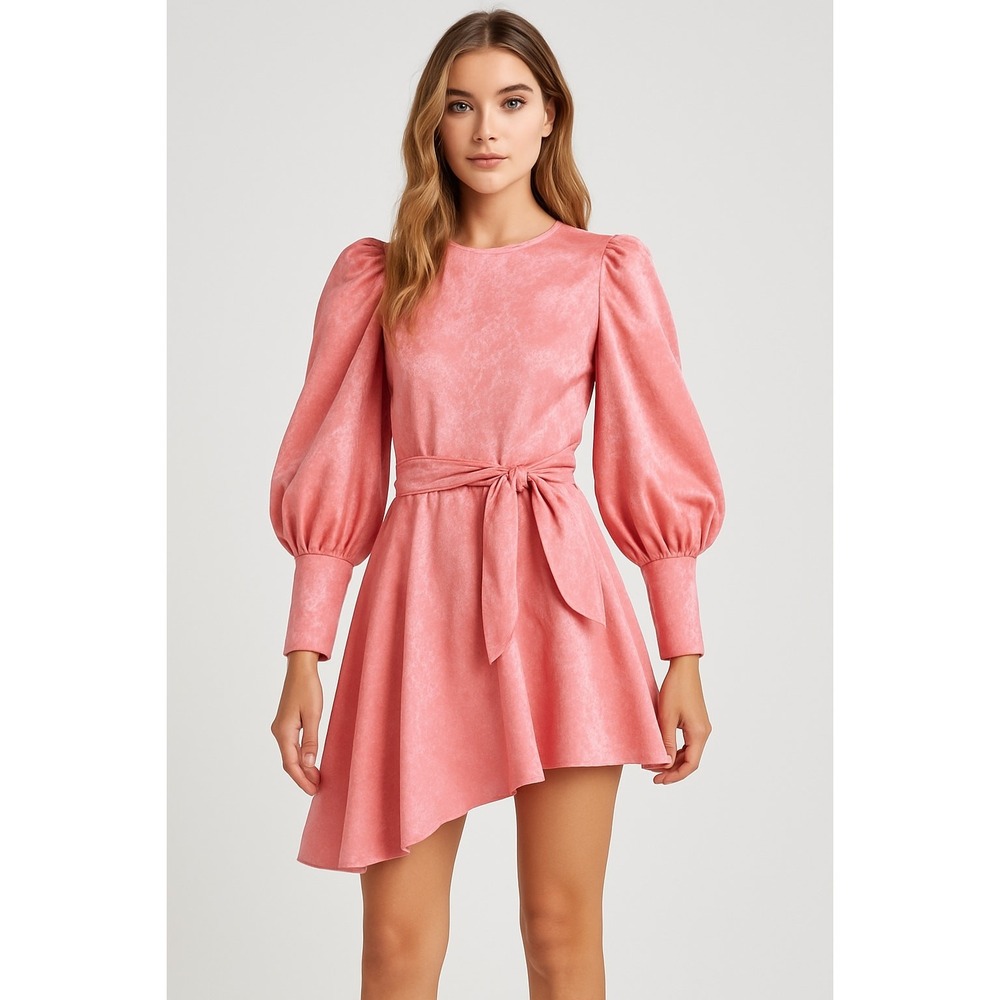 Vita Grace Pink Puff Sleeve Belted Mini‎ Dress Women's M Asymmetrical Hem Chic